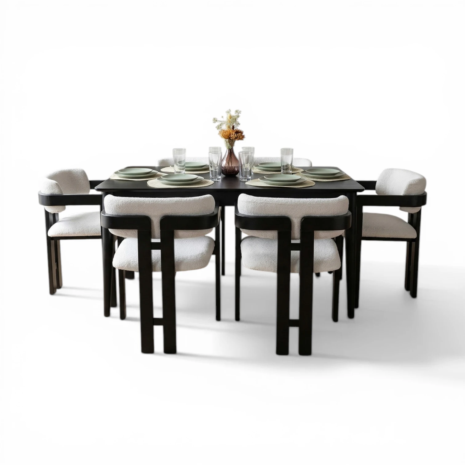 Panel Masa & T Sandalye Takımı | 6 Kişilik Modern Siyah Yemek Seti